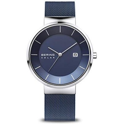 BERING Solar Orologio da polso da uomo, cassa in acciaio inossidabile color argento da 39 mm e quadrante blu, cinturino in maglia milanese, vetro zaffiro, 5 ATM BERING Solar Orologio da polso da uomo, cassa in acciaio inossidabile color argento da 39 mm e quadrante blu, cinturino in maglia milanese, vetro zaffiro, 5 ATM