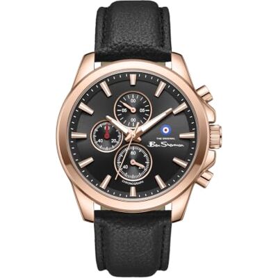 Ben Sherman Orologio da uomo Oxford Chronograph con quadrante nero goffrato, cinturino in vera pelle marrone e cassa in oro rosa IP Ben Sherman Orologio da uomo Oxford Chronograph con quadrante nero goffrato, cinturino in vera pelle marrone e cassa in oro rosa IP
