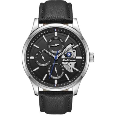 Ben Sherman Orologio da uomo St Albans multifunzione con quadrante nero goffrato, cinturino in vera pelle e cassa color argento Ben Sherman Orologio da uomo St Albans multifunzione con quadrante nero goffrato, cinturino in vera pelle e cassa color argento