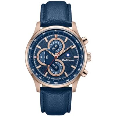 Ben Sherman Orologio da uomo Brighton Chronograph con quadrante blu goffrato, cinturino in vera pelle e cassa in oro rosa IP Ben Sherman Orologio da uomo Brighton Chronograph con quadrante blu goffrato, cinturino in vera pelle e cassa in oro rosa IP