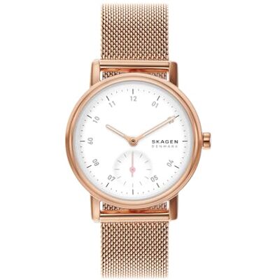 Skagen Orologio Kuppel per donna, movimento al quarzo a tre lancette con cinturino in acciaio inossidabile, tessuto o pelle, 32 mm, Tono oro rosa e bianco Skagen Orologio Kuppel per donna, movimento al quarzo a tre lancette con cinturino in acciaio inossidabile, tessuto o pelle, 32 mm, Tono oro rosa e bianco