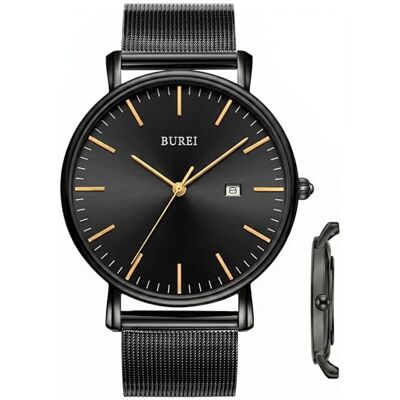 BUREI Uomo Donna Orologio da polso al quarzo classico minimalista Quadrante nero analogico Data e cinturino in acciaio inossidabile BUREI Uomo Donna Orologio da polso al quarzo classico minimalista Quadrante nero analogico Data e cinturino in acciaio inossidabile
