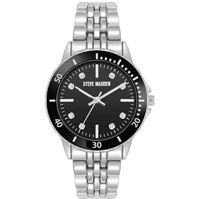 Steve Madden Orologio da donna con cinturino in vero cristallo, Nero/Argento Steve Madden Orologio da donna con cinturino in vero cristallo, Nero/Argento