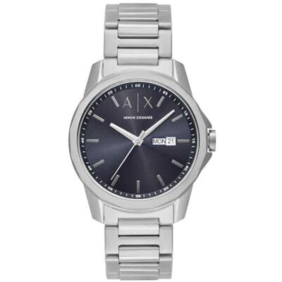 Armani Orologio da uomo, Movimento al quarzo con data giornaliera a tre lancette e cassa da 44 mm con cinturino in acciaio o in pelle, Grigio scuro e argento chiaro Armani Orologio da uomo, Movimento al quarzo con data giornaliera a tre lancette e cassa da 44 mm con cinturino in acciaio o in pelle, Grigio scuro e argento chiaro