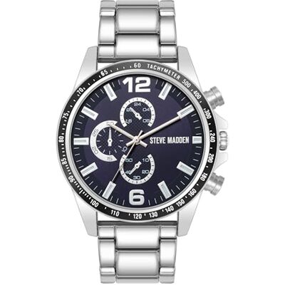 Steve Madden Orologio da braccialetto maschile, Argento/Blu navy Steve Madden Orologio da braccialetto maschile, Argento/Blu navy