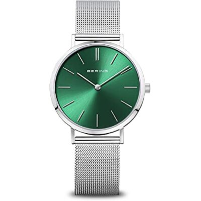 BERING Orologio da donna al quarzo, orologio da polso con cassa in acciaio inossidabile color argento da 34 mm e quadrante verde, cinturino in maglia milanese, vetro zaffiro, 3 ATM BERING Orologio da donna al quarzo, orologio da polso con cassa in acciaio inossidabile color argento da 34 mm e quadrante verde, cinturino in maglia milanese, vetro zaffiro, 3 ATM