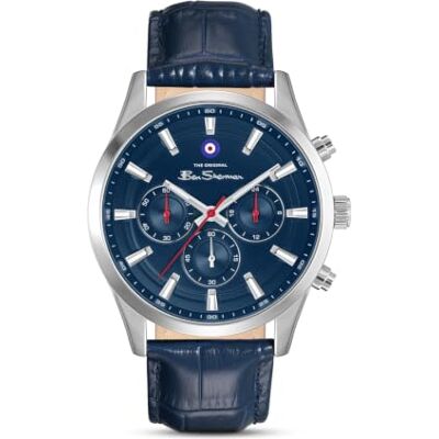 Ben Sherman Orologio da uomo Cambridge Cronografo con quadrante blu goffrato, cinturino in vera pelle blu e cassa IPS color argento Ben Sherman Orologio da uomo Cambridge Cronografo con quadrante blu goffrato, cinturino in vera pelle blu e cassa IPS color argento