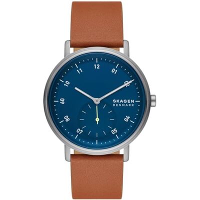 Skagen Orologio Kuppel da uomo, Movimento a tre lancette con quadrante al quarzo e cinturino in acciaio inossidabile o in pelle, 44 mm, Marrone e blu Skagen Orologio Kuppel da uomo, Movimento a tre lancette con quadrante al quarzo e cinturino in acciaio inossidabile o in pelle, 44 mm, Marrone e blu