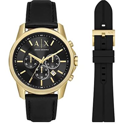 Armani Orologio da uomo, movimento cronografo al quarzo e cassa da 44 mm con cinturino in pelle, Set nero e oro Armani Orologio da uomo, movimento cronografo al quarzo e cassa da 44 mm con cinturino in pelle, Set nero e oro