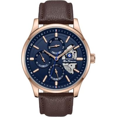 Ben Sherman Orologio da uomo St Albans multifunzione con quadrante blu goffrato, cinturino in vera pelle marrone e cassa in oro rosa IP Ben Sherman Orologio da uomo St Albans multifunzione con quadrante blu goffrato, cinturino in vera pelle marrone e cassa in oro rosa IP