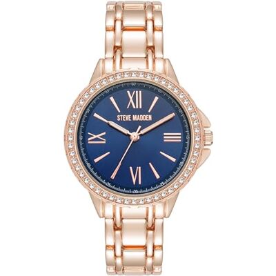 Steve Madden Orologio da donna con cinturino in vero cristallo, Blu navy/Oro rosa Steve Madden Orologio da donna con cinturino in vero cristallo, Blu navy/Oro rosa