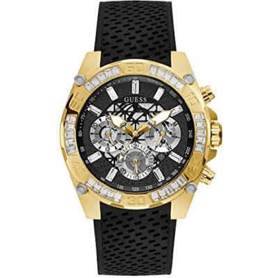 Guess Orologio multifunzione in acciaio inossidabile da 46 mm, nero/tono oro/nero, TROFEO Guess Orologio multifunzione in acciaio inossidabile da 46 mm, nero/tono oro/nero, TROFEO