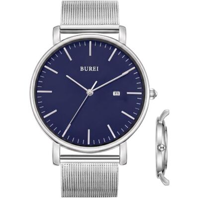 BUREI Uomo Donna Orologio da polso al quarzo classico minimalista Quadrante nero analogico Data e cinturino in acciaio inossidabile BUREI Uomo Donna Orologio da polso al quarzo classico minimalista Quadrante nero analogico Data e cinturino in acciaio inossidabile