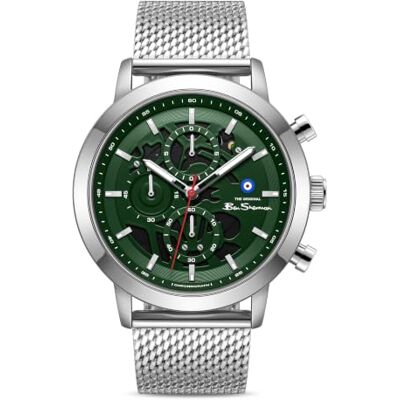 Ben Sherman Orologio da uomo Nottingham con quadrante scheletrato verde, bracciale in maglia d'acciaio inossidabile e cassa color argento Ben Sherman Orologio da uomo Nottingham con quadrante scheletrato verde, bracciale in maglia d'acciaio inossidabile e cassa color argento