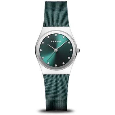BERING Orologio da donna al quarzo, orologio da polso con cassa in acciaio inossidabile color argento da 27 mm e quadrante verde, cinturino in maglia milanese, vetro zaffiro, 3 ATM BERING Orologio da donna al quarzo, orologio da polso con cassa in acciaio inossidabile color argento da 27 mm e quadrante verde, cinturino in maglia milanese, vetro zaffiro, 3 ATM