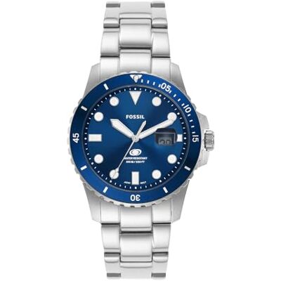 Fossil Orologio subacqueo blu da uomo, movimento al quarzo con data a tre lancette e cinturino in acciaio inossidabile o in pelle, 42 mm, Tono argento e blu Fossil Orologio subacqueo blu da uomo, movimento al quarzo con data a tre lancette e cinturino in acciaio inossidabile o in pelle, 42 mm, Tono argento e blu