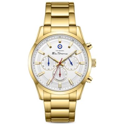 Ben Sherman Orologio da uomo Cambridge Chronograph con quadrante bianco goffrato e bracciale in acciaio inossidabile color oro Ben Sherman Orologio da uomo Cambridge Chronograph con quadrante bianco goffrato e bracciale in acciaio inossidabile color oro