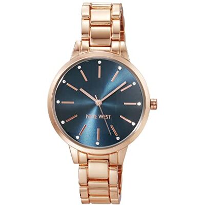 Nine West Orologio da polso da Donna, con cinturino impreziosito da cristalli, Oro Rosa/Blu Marino Nine West Orologio da polso da Donna, con cinturino impreziosito da cristalli, Oro Rosa/Blu Marino