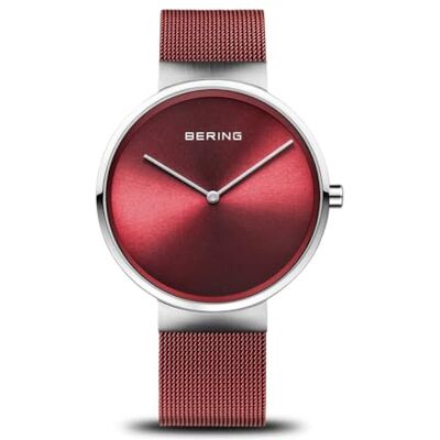 BERING Orologio da donna al quarzo, orologio da polso con cassa in acciaio inossidabile color argento da 39 mm e quadrante rosso, cinturino in maglia milanese, vetro zaffiro, 5 ATM BERING Orologio da donna al quarzo, orologio da polso con cassa in acciaio inossidabile color argento da 39 mm e quadrante rosso, cinturino in maglia milanese, vetro zaffiro, 5 ATM