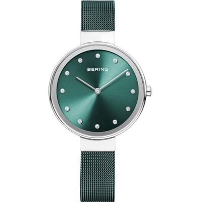 BERING Orologio da donna al quarzo, orologio da polso con cassa in acciaio inossidabile color argento da 34 mm e quadrante verde, cinturino in maglia milanese, vetro zaffiro, 3 ATM BERING Orologio da donna al quarzo, orologio da polso con cassa in acciaio inossidabile color argento da 34 mm e quadrante verde, cinturino in maglia milanese, vetro zaffiro, 3 ATM