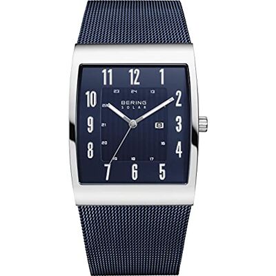 BERING Solar Orologio da polso da uomo, cassa in acciaio inossidabile color argento da 33 mm e quadrante blu, cinturino in maglia milanese, vetro zaffiro, 3 ATM BERING Solar Orologio da polso da uomo, cassa in acciaio inossidabile color argento da 33 mm e quadrante blu, cinturino in maglia milanese, vetro zaffiro, 3 ATM