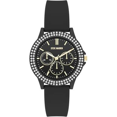 Steve Madden Orologio da donna con cinturino in silicone con cristalli autentici, Nero Steve Madden Orologio da donna con cinturino in silicone con cristalli autentici, Nero