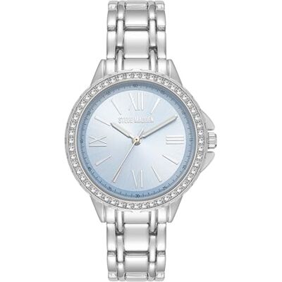 Steve Madden Orologio da donna con cinturino in vero cristallo, Azzurro chiaro/Argento Steve Madden Orologio da donna con cinturino in vero cristallo, Azzurro chiaro/Argento