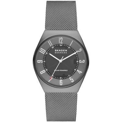 Skagen Grenen Watch for Men, Movimento a tre lancette a energia solare con cinturino in acciaio inossidabile o in pelle, 37 mm, Grigio e argento Skagen Grenen Watch for Men, Movimento a tre lancette a energia solare con cinturino in acciaio inossidabile o in pelle, 37 mm, Grigio e argento