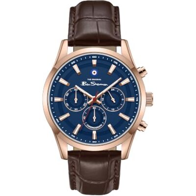 Ben Sherman Orologio da uomo Cambridge Cronografo con quadrante blu goffrato, cinturino in vera pelle marrone e cassa in oro rosa IP Ben Sherman Orologio da uomo Cambridge Cronografo con quadrante blu goffrato, cinturino in vera pelle marrone e cassa in oro rosa IP