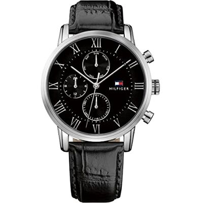 Tommy Hilfiger Orologio analogico multifunzione al quarzo da uomo con cinturino in pelle Nero Tommy Hilfiger Orologio analogico multifunzione al quarzo da uomo con cinturino in pelle Nero