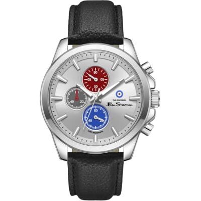 Ben Sherman Orologio da uomo Oxford Chronograph con quadrante argentato goffrato, cinturino in vera pelle nera e cassa color argento Ben Sherman Orologio da uomo Oxford Chronograph con quadrante argentato goffrato, cinturino in vera pelle nera e cassa color argento