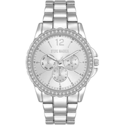 Steve Madden Orologio da donna con cinturino in vero cristallo, Argento Steve Madden Orologio da donna con cinturino in vero cristallo, Argento