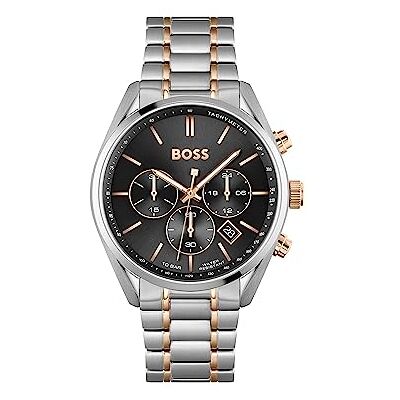 Boss Orologio Chronograph Quartz da Uomo 44mm CHAMPION Collection con Cinturino in Acciaio Inossidabile Bicolore e Cassa Nera, Funzione Data, 3 Sottocifere, 10ATM Resistenza all'Acqua Boss Orologio Chronograph Quartz da Uomo 44mm CHAMPION Collection con Cinturino in Acciaio Inossidabile Bicolore e Cassa Nera, Funzione Data, 3 Sottocifere, 10ATM Resistenza all'Acqua