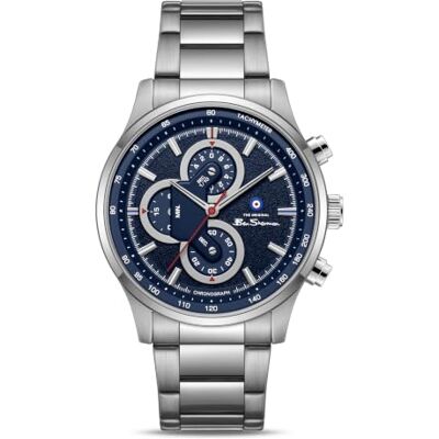 Ben Sherman Orologio da uomo Brighton Chronograph con quadrante blu goffrato, bracciale in acciaio inossidabile e cassa color argento Ben Sherman Orologio da uomo Brighton Chronograph con quadrante blu goffrato, bracciale in acciaio inossidabile e cassa color argento