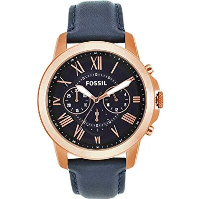 Fossil Orologio Grant da uomo, movimento cronografo al quarzo, cassa in acciaio inossidabile oro rosa 44 mm con cinturino in vera pelle, , Blu Fossil Orologio Grant da uomo, movimento cronografo al quarzo, cassa in acciaio inossidabile oro rosa 44 mm con cinturino in vera pelle, , Blu