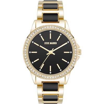 Steve Madden Orologio da donna con cinturino in vero cristallo, Nero/Oro Steve Madden Orologio da donna con cinturino in vero cristallo, Nero/Oro