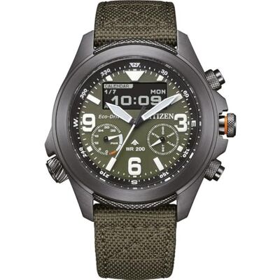 Citizen Orologio analogico digitale Eco-Drive da uomo con cinturino in tessuto , Verde, Cinturino. Citizen Orologio analogico digitale Eco-Drive da uomo con cinturino in tessuto , Verde, Cinturino.