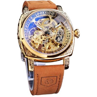 FORSINING Fancy Orologio meccanico da uomo, quadrato, retrò, intagliato, meccanismo a ingranaggio, scheletro dorato, di lusso, automatico, vintage, cinturino in pelle FORSINING Fancy Orologio meccanico da uomo, quadrato, retrò, intagliato, meccanismo a ingranaggio, scheletro dorato, di lusso, automatico, vintage, cinturino in pelle