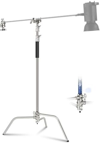 NEEWER C Stand Resistente in Pro 100% Acciaio inox con Cuscino d'Aria, 128cm Braccio d’Estensione e 2 Adattatore Grip Head, Stativo Fotografico Altezza Max 320cm, Supporto a C Stativo per Luci Video