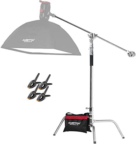 AMBITFUL Supporto a C resistente in acciaio inox con braccio a braccio – Altezza massima 320 cm/10,5 ft Fotografia Light Stand con 128 cm/4,2 ft Holding Arm + 2 Grip Head