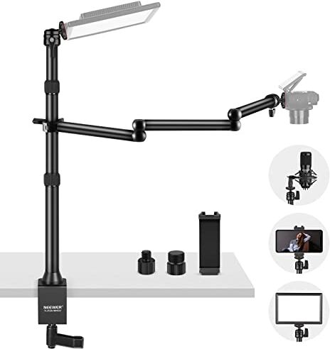 NEEWER Supporto da tavolo migliorato per fotocamera con 3 pezzi braccio flessibile, supporto regolabile in altezza con supporto per telefono, testa sferica per fotocamera DSLR, telefono, luce LED,