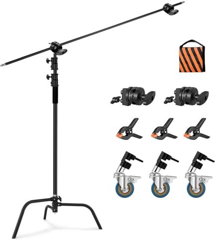 soonpho C Stand 100% Acciaio Inossidabile Heavy Duty Supporto a C Fotografia Light Stand C-Stand con 130cm braccio di supporto Kit,testa Grip,Rotelle per Godox AD200 Pro SK400 Aputure