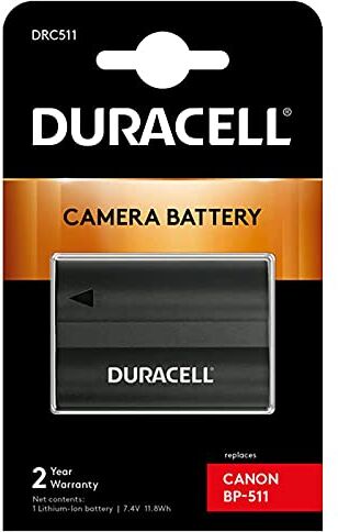 Duracell DRC511 Batteria per Canon BP-508/BP-511/BP-512/BP-514/BP-522/BP-535, 7.4V, 1600 mAh, Nero