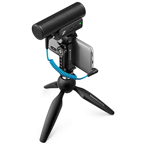 Sennheiser MKE 400 + kit mobile, microfono direzionale da montare sulla videocamera con morsetto per smartphone e mini treppiede Manfrotto PIXI,