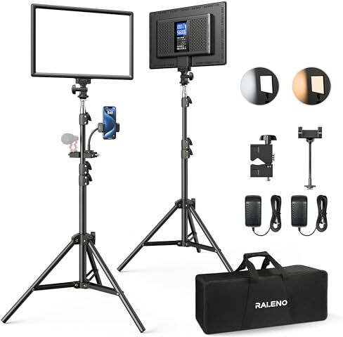 RaLeno Luce Fotografica , Kit di Illuminazione a 384 LED con Treppiede, Batteria Integrata da 8000mAh, 3200-5600K Bicolore Dimmerabile CRI95 per YouTube Fotografia Registrazioni Video in Studio