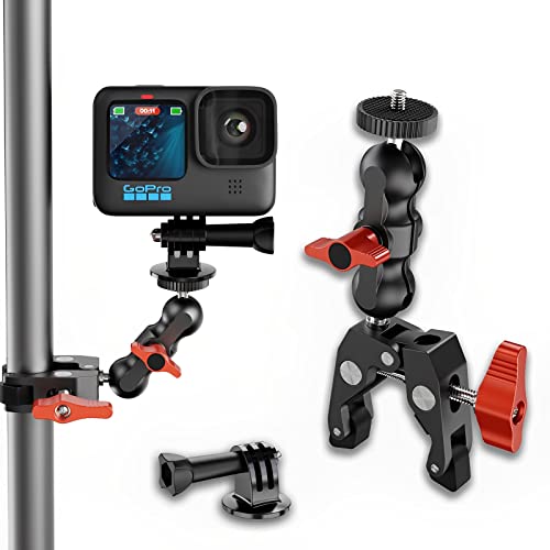 REYGEAK Lega di alluminio Super Clamp Camera Morsetto Mount Monitor 360 ° Testa a sfera Magica Braccio Doppia Testa A Sfera Adattatore, con 1/4 "-20 e 3/8 "-16 Filettatura per GoPro/DSLR Camera/DJI