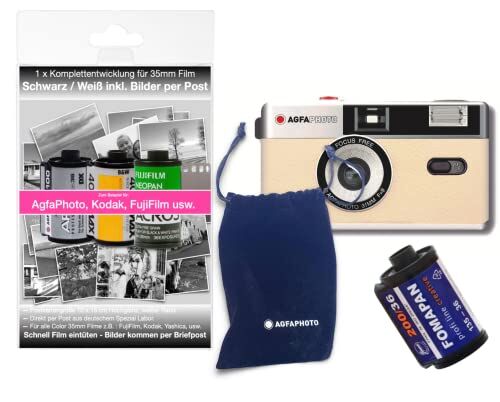 AgfaPhoto Fotocamera analogica da 35 mm set con pellicola negativa in bianco e nero, batteria + negativo + sviluppo di immagini per posta
