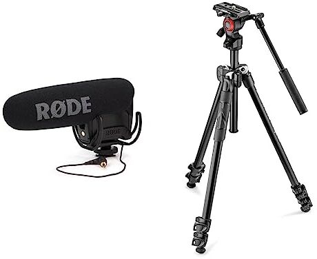 RØDE Videomic Pro Microfono Professionale per Fucile con Fotocamera con Filtro Passa-Alto e Pad & Manfrotto MK290LTA3-V Kit 290 Light con Testa Fluida Video, Nero