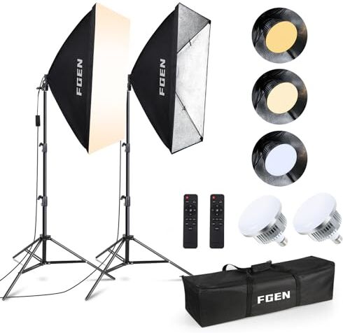 FGen Softbox Set di luci a LED per studio fotografico, , 2 x 50 x 70 cm, 85 W, 2700 – 6400 K, 2 m, con treppiede per YouTube, Tiktok, registrazioni video, studio ritratti, fotografia