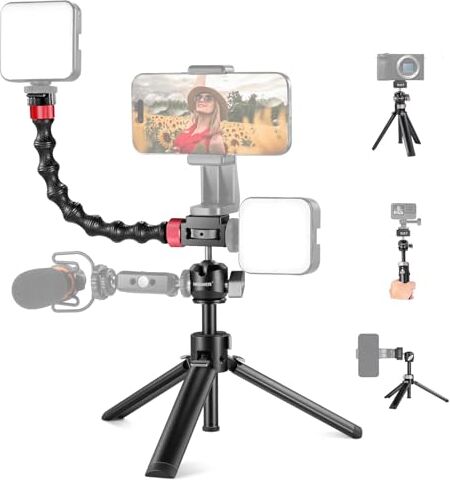 NEEWER Mini Treppiede Tavolo, Doppia Testa Sfera a Slitta Fredda/Braccio Flessibile a Tubo, Supporto Treppiede per Fotocamera Portatile Vlogging Compatibile con Sony ZV1 ZV-E10 GoPro DJI iPhone, TP32